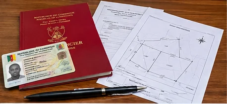 Illustration of seller identification, a land-title document and a cadastral plan on a desk