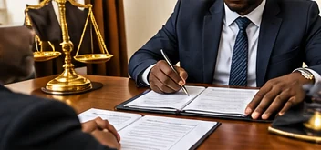 Illustration of a notarial property transaction in Cameroon; not legal proof of any completed transfer.