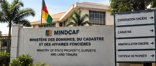 Concept illustration of a Cameroon land registration office and directions for property verification