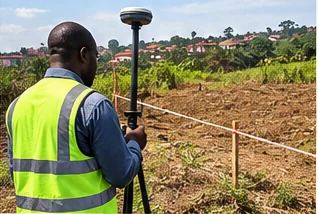 Land surveyor using GNSS equipment to check a plot boundary